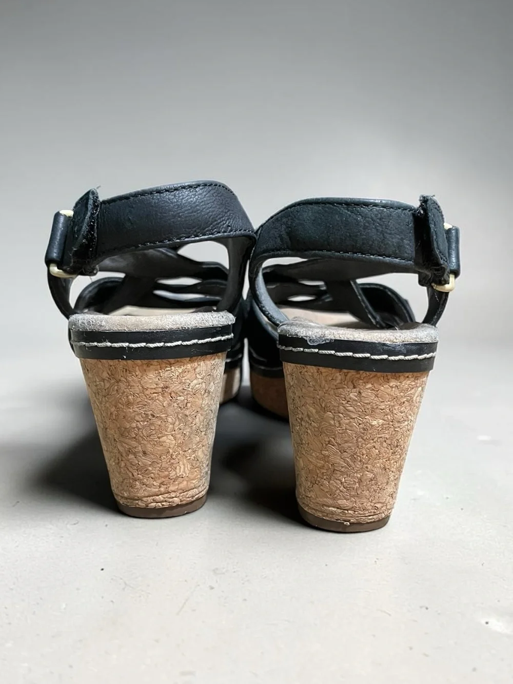Clarks Collection Black Leather Cork Wedge Slingback Sandals Women’s 8.5